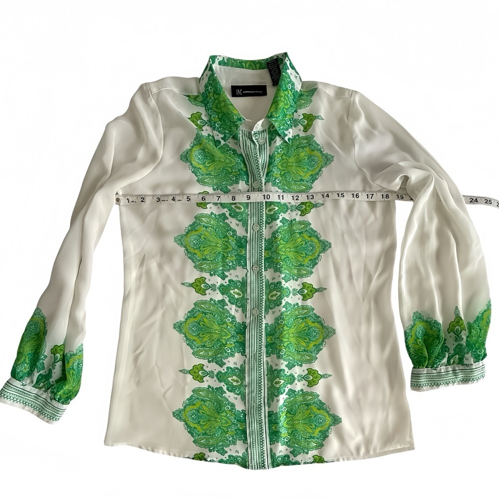 INC White Green Floral Scarf Print Blouse Women’s 4 Semi Sheer Button - Picture 7 of 8
